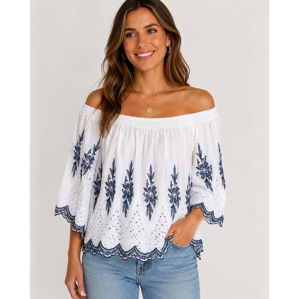 White Embroidered Eyelet Off Shoulder Blouse Boho Coastal Medium